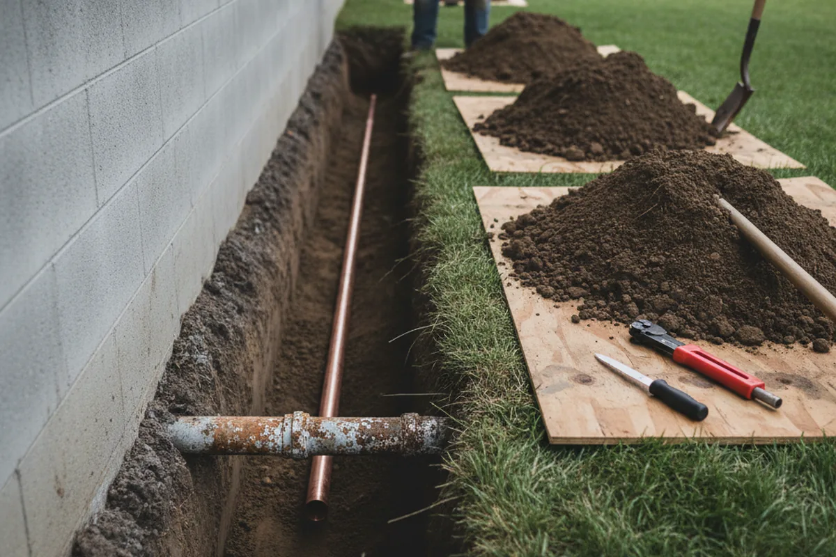 Excavated water line trench during Water Heater Repair in Parrish